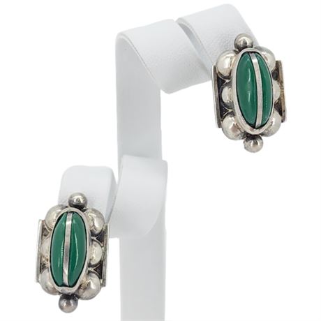 Vintage Sterling Silver Green Onyx Mexican Screwback Earrings