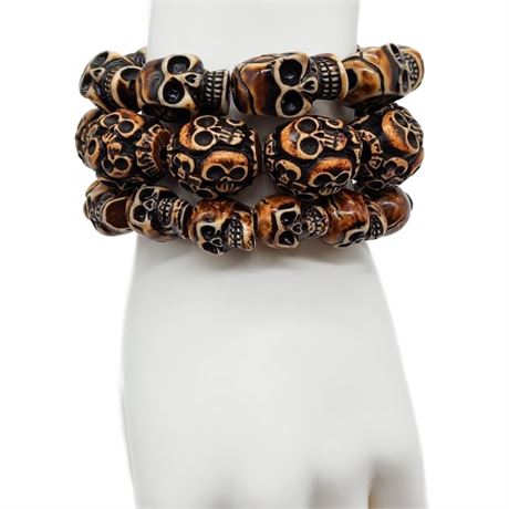 Three Chunky Molded Resin Skull Bead Stretch Bracelets