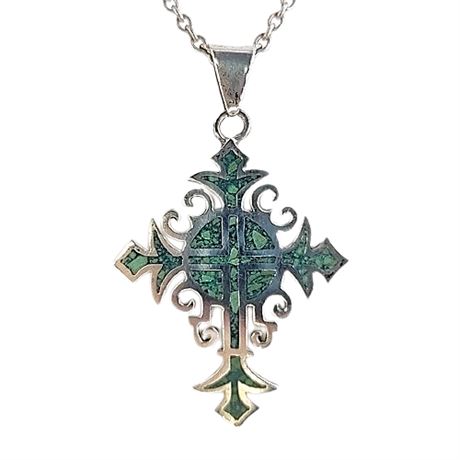 Signed RB Sterling Silver Turquoise Cross Pendant Necklace
