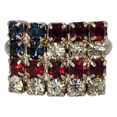 Vintage American Flag Rhinestone Ring, Adjustable