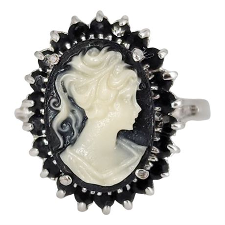 Signed PAD 18K White Gold Electroplated Faux Cameo Ring, Sz 7