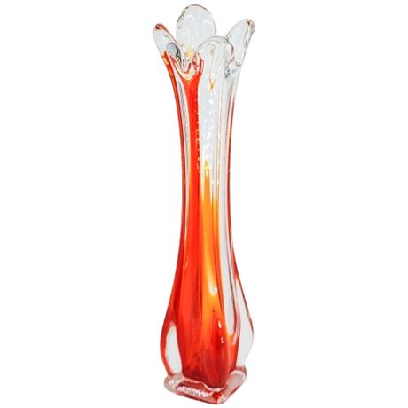 Vintage Murano Style 4 Finger Orange & Clear 11" Swung Glass Vase