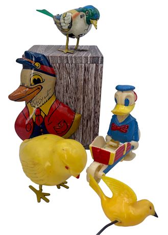 German Kohler Tin Litho & Plastic Wind Up Bird & Donald Duck Mechanical Toys