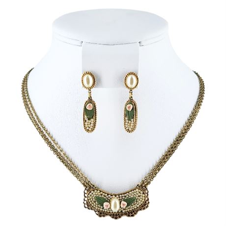 Signed Vintage 1928 JEWELRY Porcelain Rose Necklace & Earrings Set