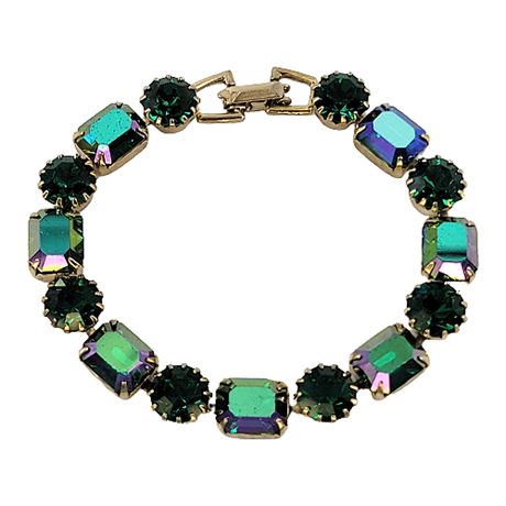 Vintage Weiss Gold Tone Emerald Green & Aurora Borealis Rhinestone Bracelet