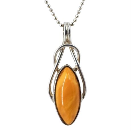 Vintage Sterling Silver Butterscotch Amber Pendant Necklace