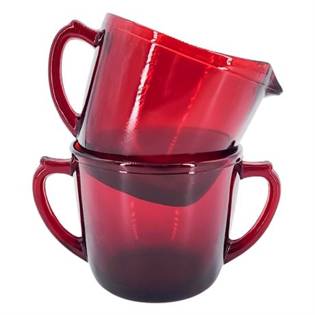 Vintage Anchor Hocking Royal Ruby Red Glass Creamer & Open Sugar Bowl
