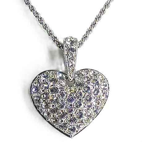 Swarovski Crystal Pave Heart Pendant Necklace – Silver Tone Chain with Swan