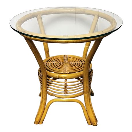 Mid-Century Albini Bent Rattan & Woven Wicker Side Table w/ Original Glass Top