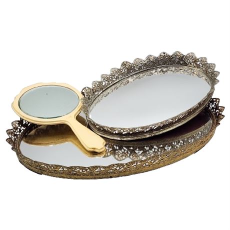 Pair Ornate Oval Vanity Mirror Trays and Hand Mirror