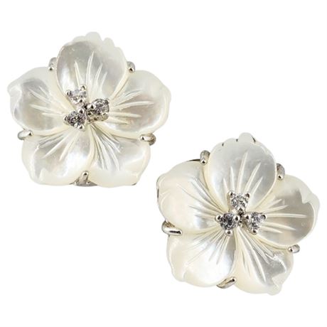 Signed STAUER Sterling Silver Mother of Pearl Hibiscus Flower Earrings