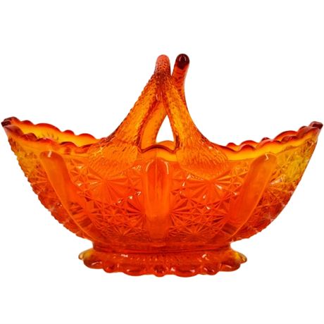 Vintage Fenton Orange Amberina Daisy and Button Basket with Split Twig Handle