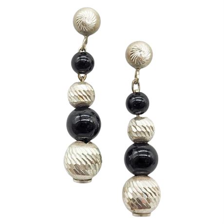 Vintage Sterling Silver & Black Onyx Beaded Earrings