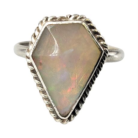 Sterling Silver Opal Coffin Cabochon Ring, Sz 7