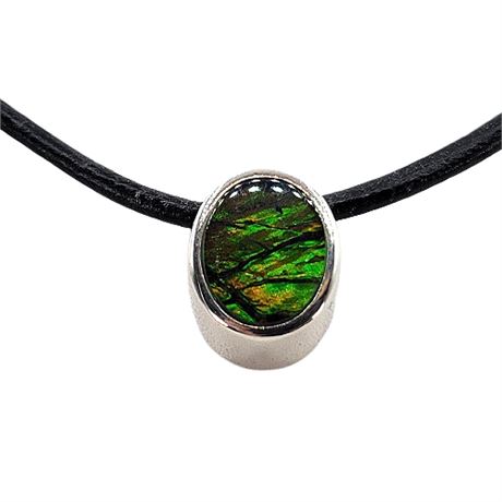Sterling Silver Ammolite Gemstone on Leather Necklace