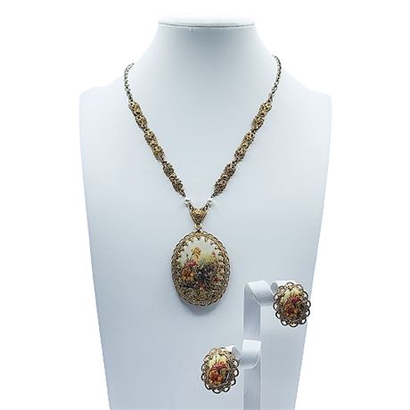 West German Floral Pendant Necklace & Earrings Set