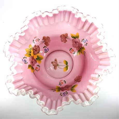 Vintage Pink Glass Bowl with Ruffled Rim and Hand Painted Flowers