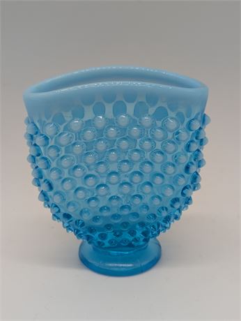 Vintage Fenton Blue Opalescent Art Glass Hobnail Mini Fan Vase Footer