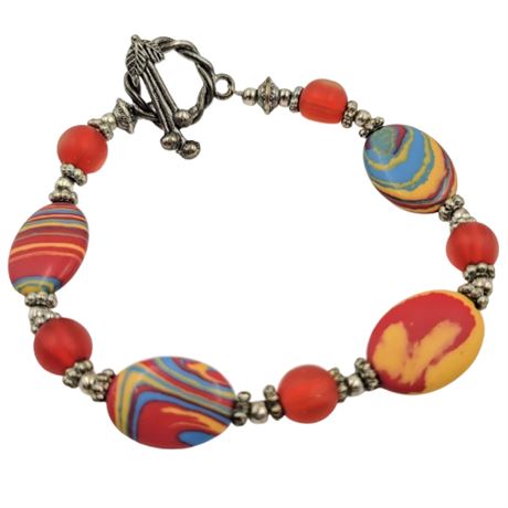 Silver Tone Rainbow Fordite Beaded Bracelet