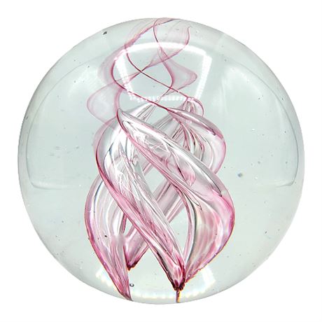 Large 5" Art Glass Paperweight, Pink Spirals