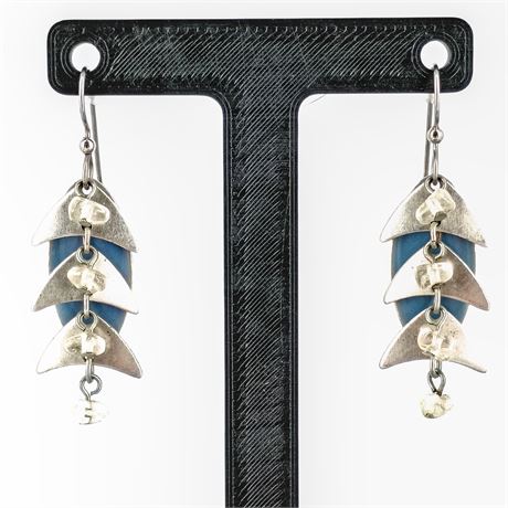 Silver-Tone “Fish Bone” Dangle Earrings w/ Blue Enamel & Clear Beads