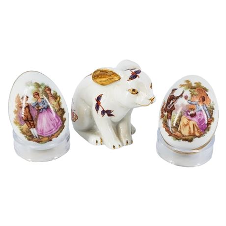 Vintage Limoges Fragonard Porcelain Egg Boxes + Bunny Figurine