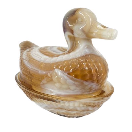 Vintage Imperial Glass Caramel Swirl Duck on Nest Dish