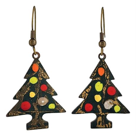 Vintage Handmade Copper Enamel Christmas Tree Earrings