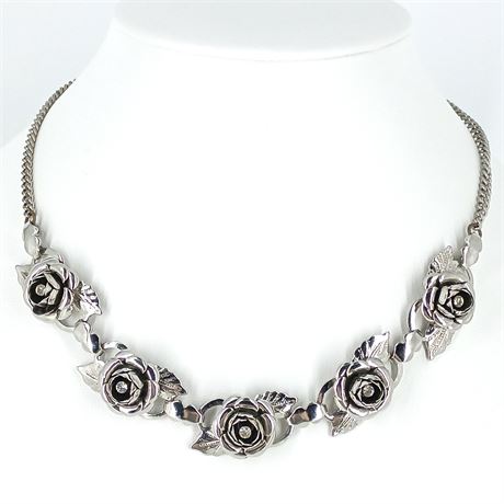 Vintage Silver-Tone Rose Link Necklace, Rhinestone Centers, Floral Statement