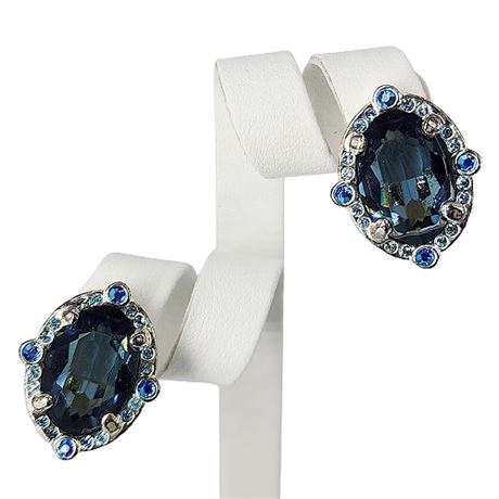 Signed Swarovski Crystal Ice Blue Oval Stone Clip Earrings