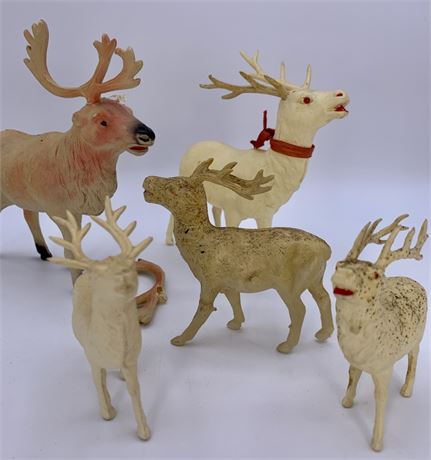 5 Early Celluloid Christmas Reindeer & Moose Holiday Decorations