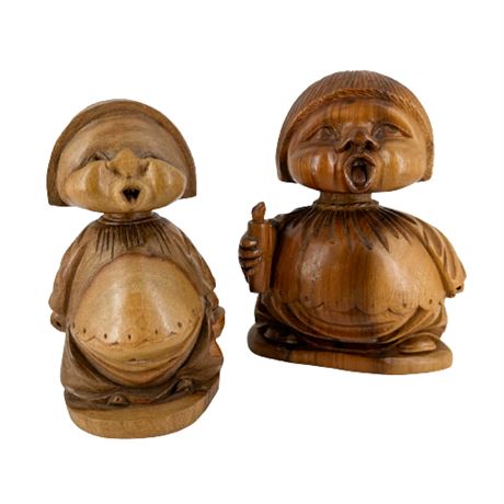 Pair Hand Carved Bolivian Wood Caroler Figurines