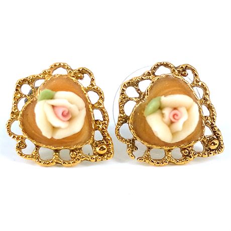 1928 Jewelry Rose and Gold-Tone Filigree Heart Earrings