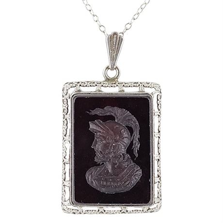 Vintage Sterling Silver Intaglio Sardonyx Roman Centurion Pendant Necklace