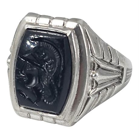 Vintage Signed UNCAS Sterling Silver Black Intaglio Roman Centurion Ring, Sz 6