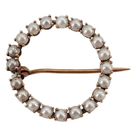 Vtg Gold Filled Genuine Seed Pearls Circle Brooch