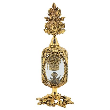 Vtg Hollywood Regency Ormolu Ornate Filigree & Glass Perfume Bottle