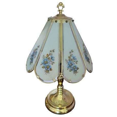 Vintage Brass Plated Touch Table Lamp w/ Floral Glass Panels