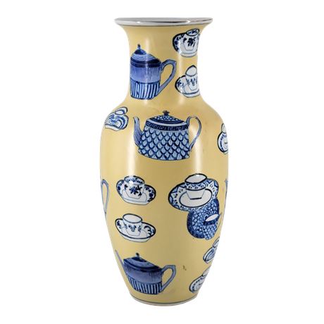 12.5" Hand-Painted Porcelain Tea Themed Yellow & Blue Vase