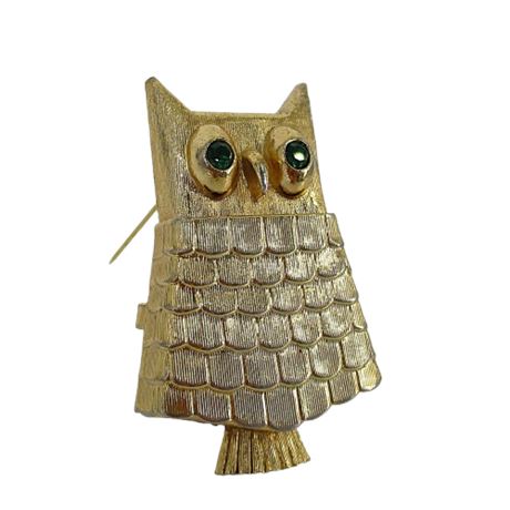 Vintage AVON Owl Brooch Perfume Locket with Green Rhinestone Eyes