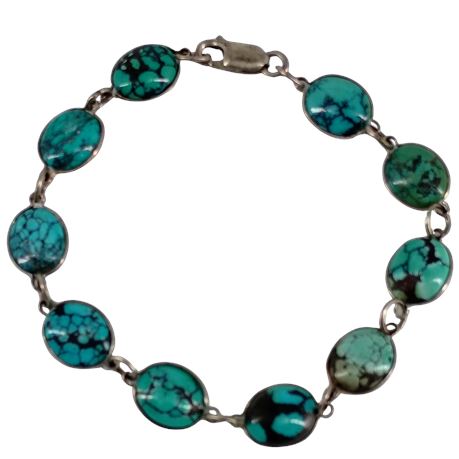 Vintage Sterling Silver Oval Turquoise-Style Stone Link Bracelet