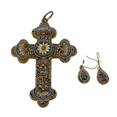 Vintage Florentine Micro Mosaic Cross Pendant & Earrings