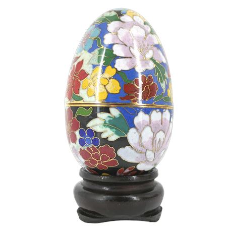 Vintage Cloisonné Floral Egg Trinket Box, Lid & Wood Stand, Multicolor Enamel