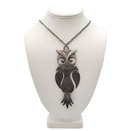 Vintage Large Articulated Modernist Pewter Wise Owl Pendant Necklace