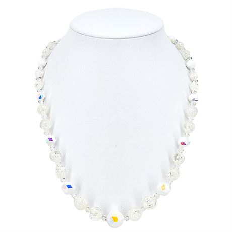 Vintage LAGUNA Faceted White Aurora Borealis & Clear Crackle Beaded Necklace