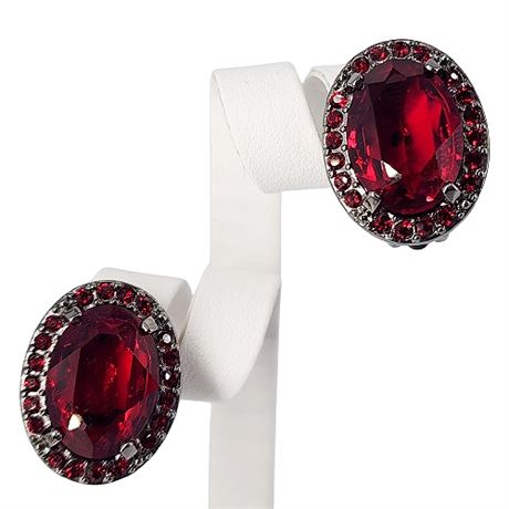 Signed Swarovski Crystal Red Oval Stone Clip Earrings