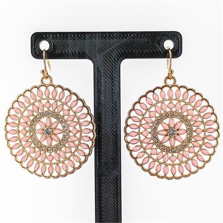 Pink & Gold Filigree Mandala Dangle Earrings – Enamel Accents