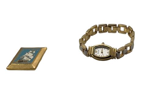 Waltham watch and boat stamp brooch