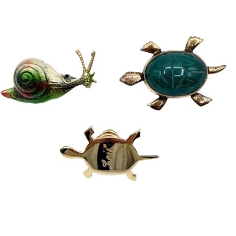 Jade Turtle Pin, Gold Tone Turtle, Snail Pin