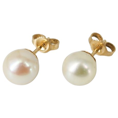 Vintage 14K Gold & Genuine 7.5mm Pearl Stud Earrings